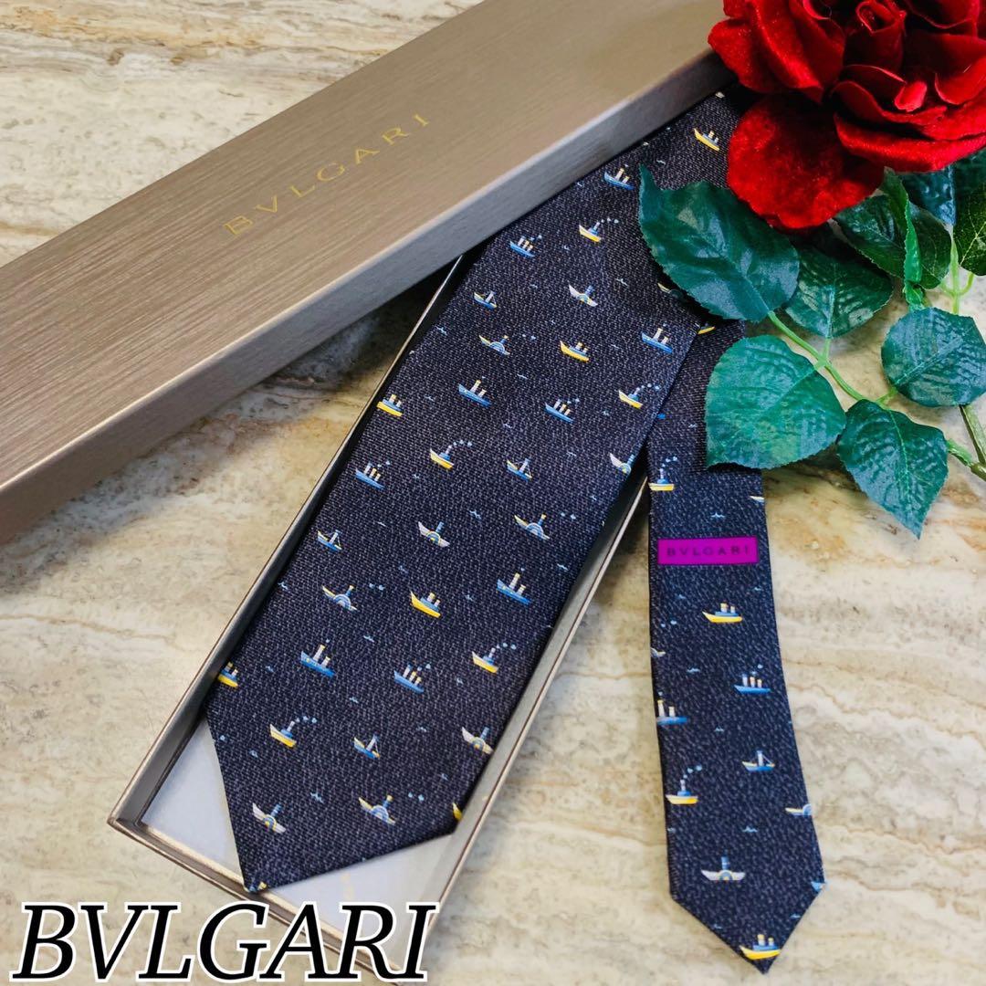 N91 新品未使用 ブルガリ セッテピエゲ 総柄 ヨット柄 ネクタイ メンズ
