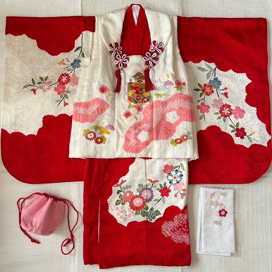 七五三 3歳 着物 753 絹 被布 ピンク 絞り 三歳 赤 刺繍 巾着