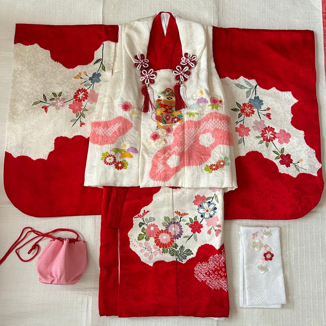 七五三 3歳 着物 753 絹 被布 ピンク 絞り 三歳 赤 刺繍 巾着