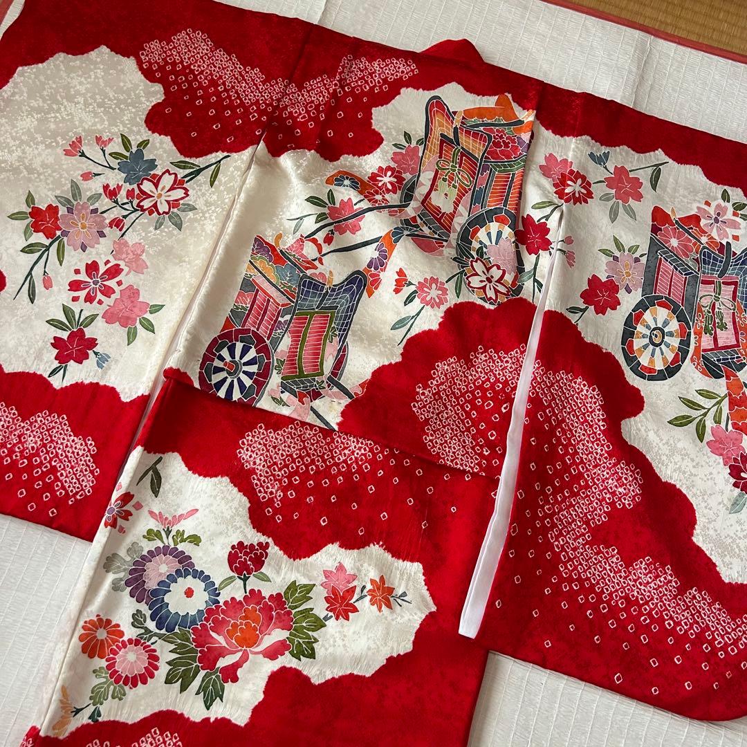七五三 3歳 着物 753 絹 被布 ピンク 絞り 三歳 赤 刺繍 巾着