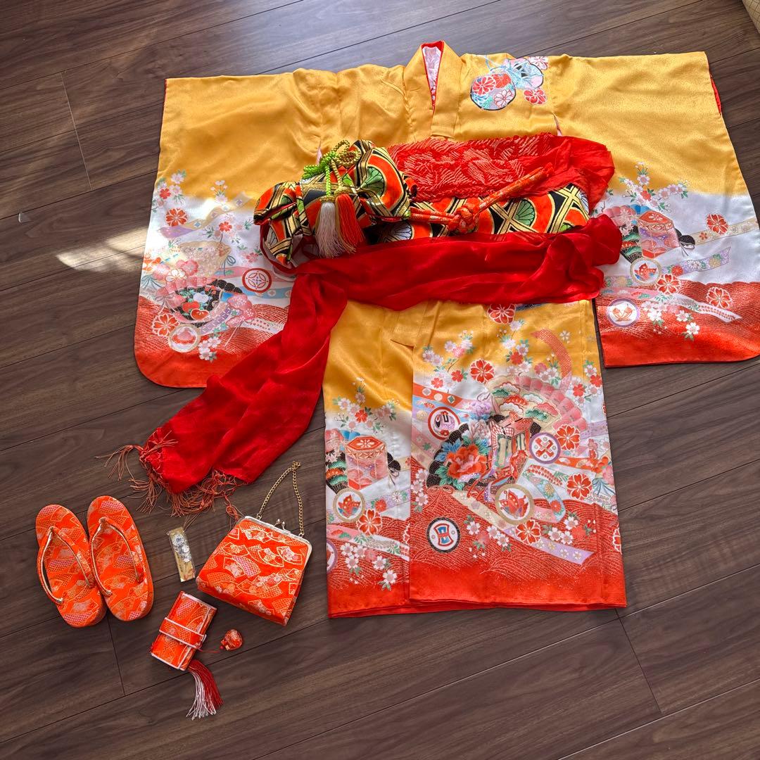 七五三　七歳　フルセット　山吹色　アンティーク