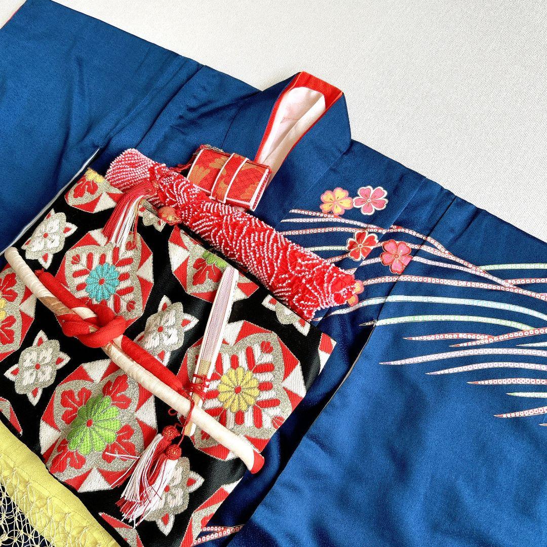 セット七五三7歳女の子長着＆袖なし長襦袢＆袋帯＆草履＆巾着＆小物紺金プリント鼓花