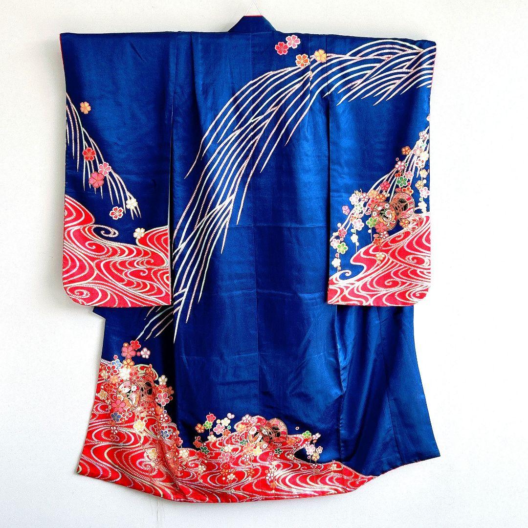 セット七五三7歳女の子長着＆袖なし長襦袢＆袋帯＆草履＆巾着＆小物紺金プリント鼓花