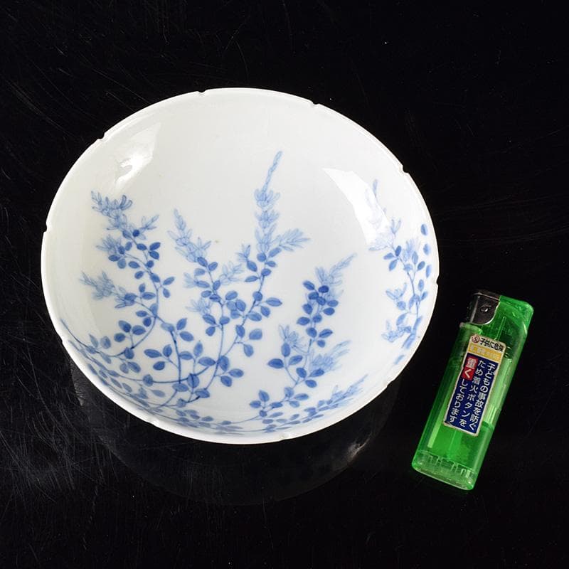 鍋島焼　染付　萩文　五寸皿　輪花皿　時代箱　V　R8110