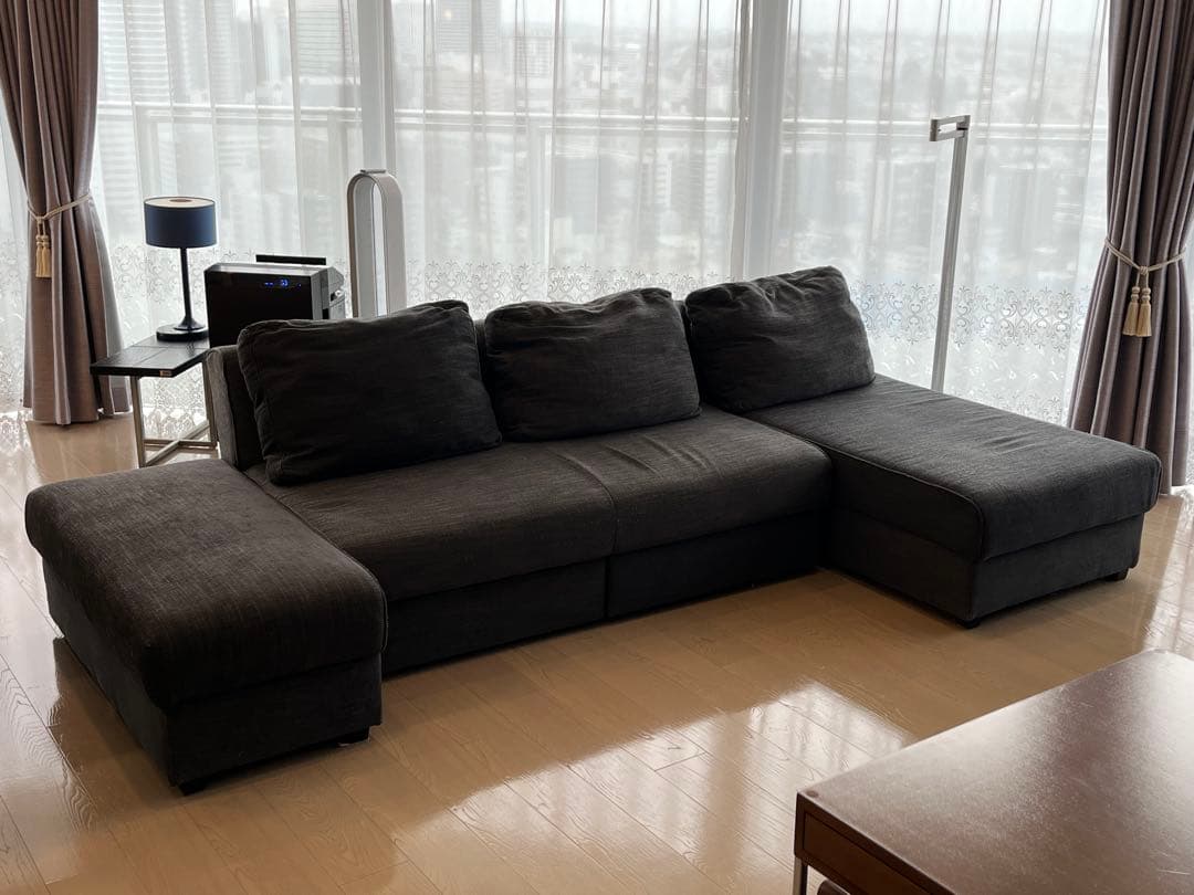 qee【引取限定】大塚家具カウチソファ2点＋オットマン ソファベッド 布張