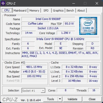 Intel Core i9-9900KF CPU 中古