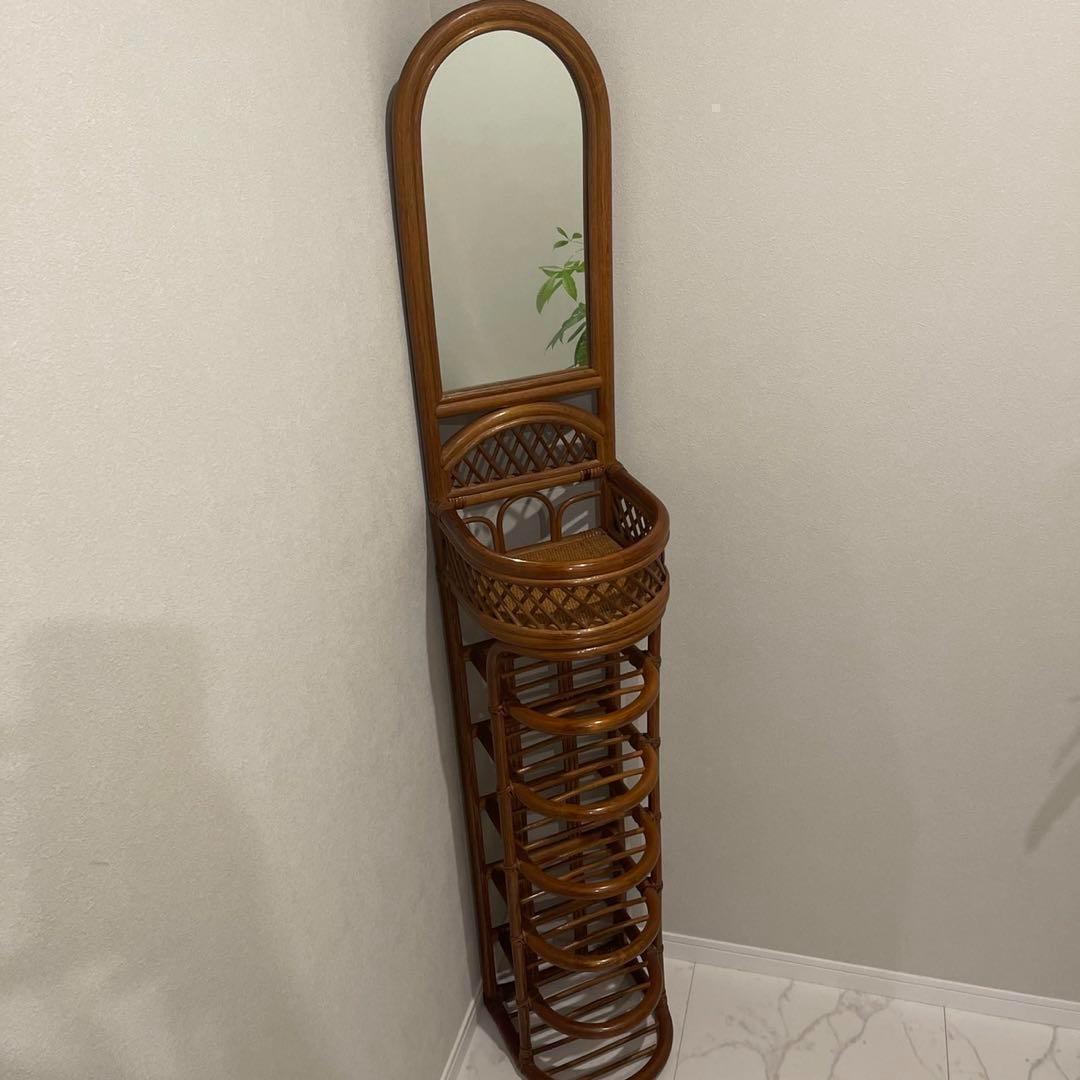 ラタン　籐　鏡付き　ミラー　スリッパラック　昭和レトロ　アジアンテイスト