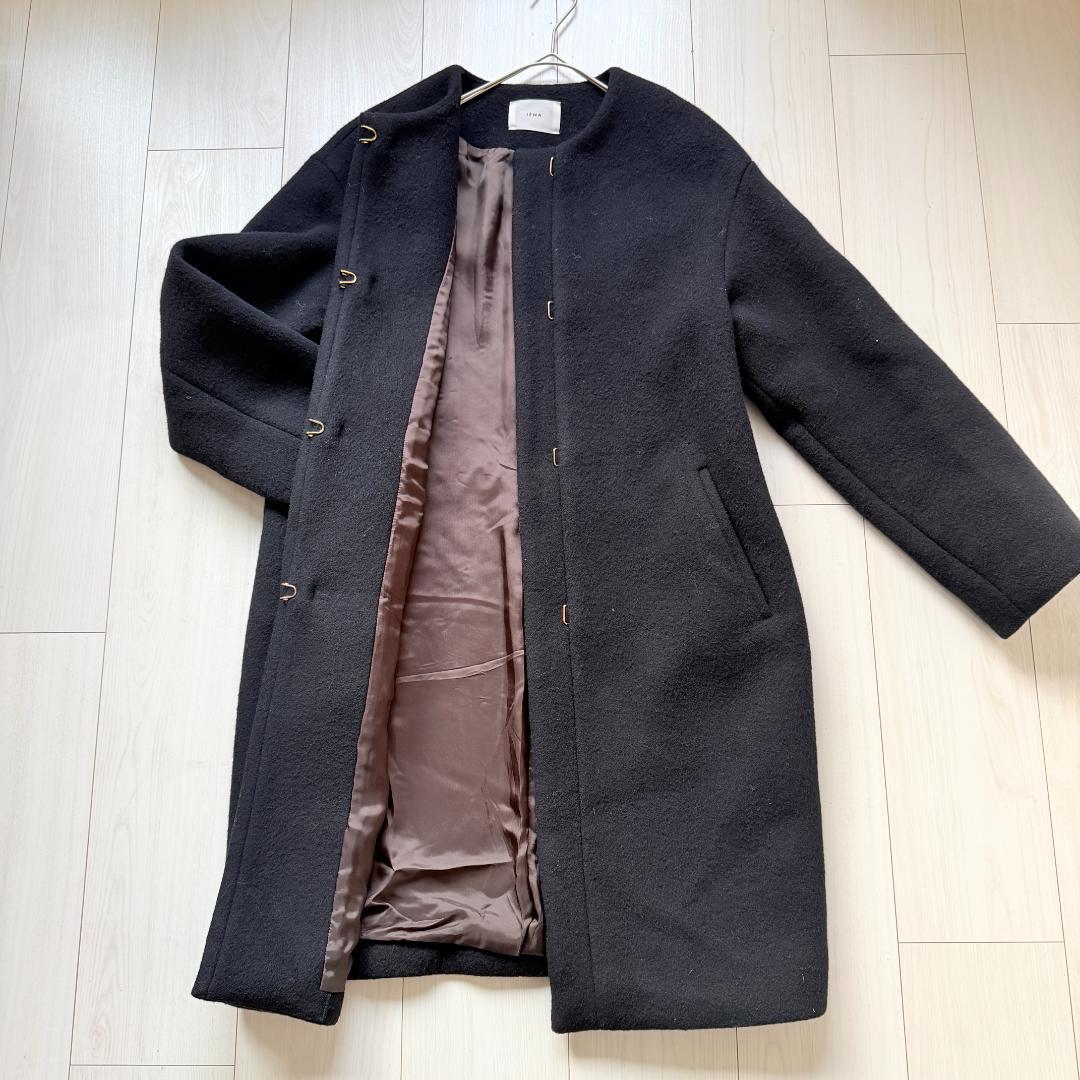 美品✨イエナ　ラムウールノーカラーコート　ブラック　フックボタン　ロングコート