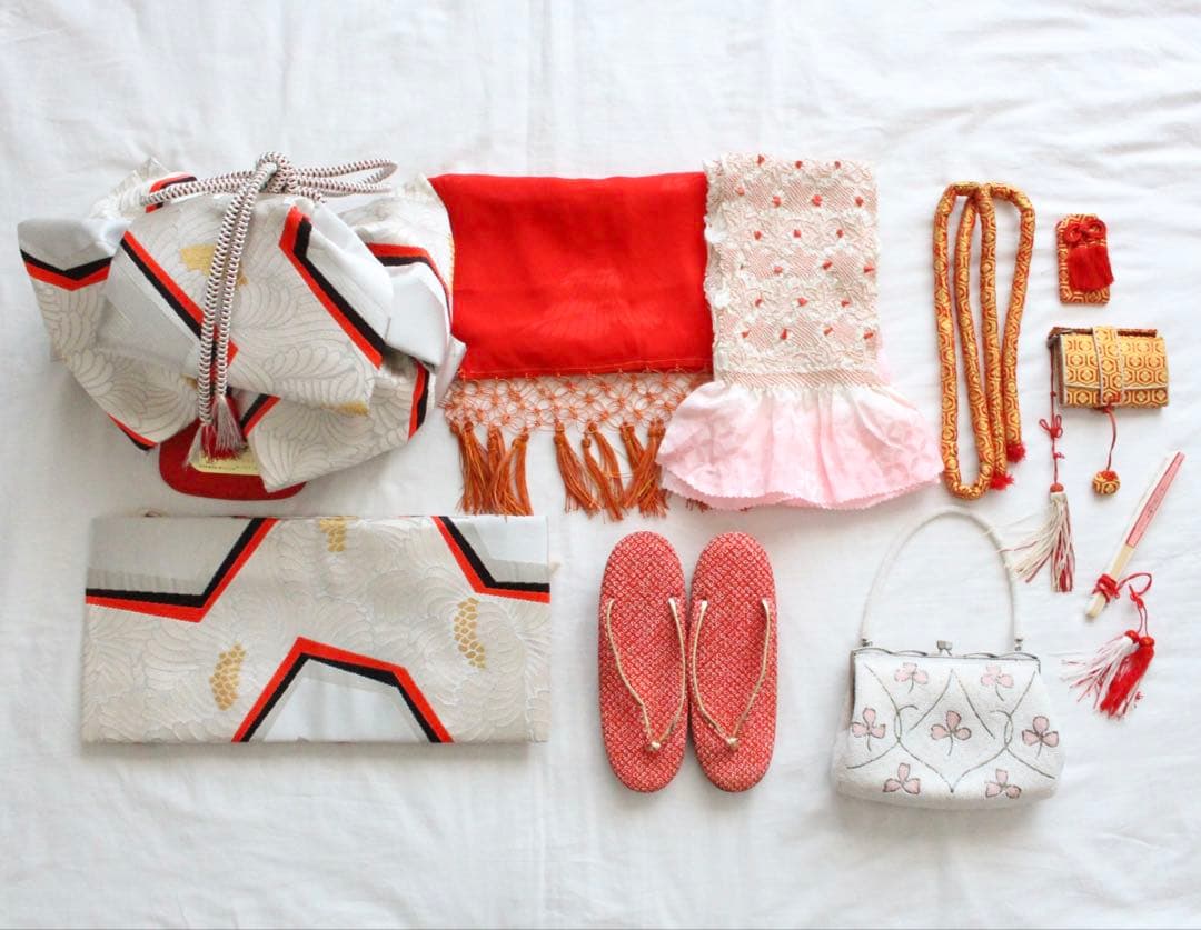 七五三 7歳 子供 女の子 アンティーク 正絹 着物 つくり帯 セット