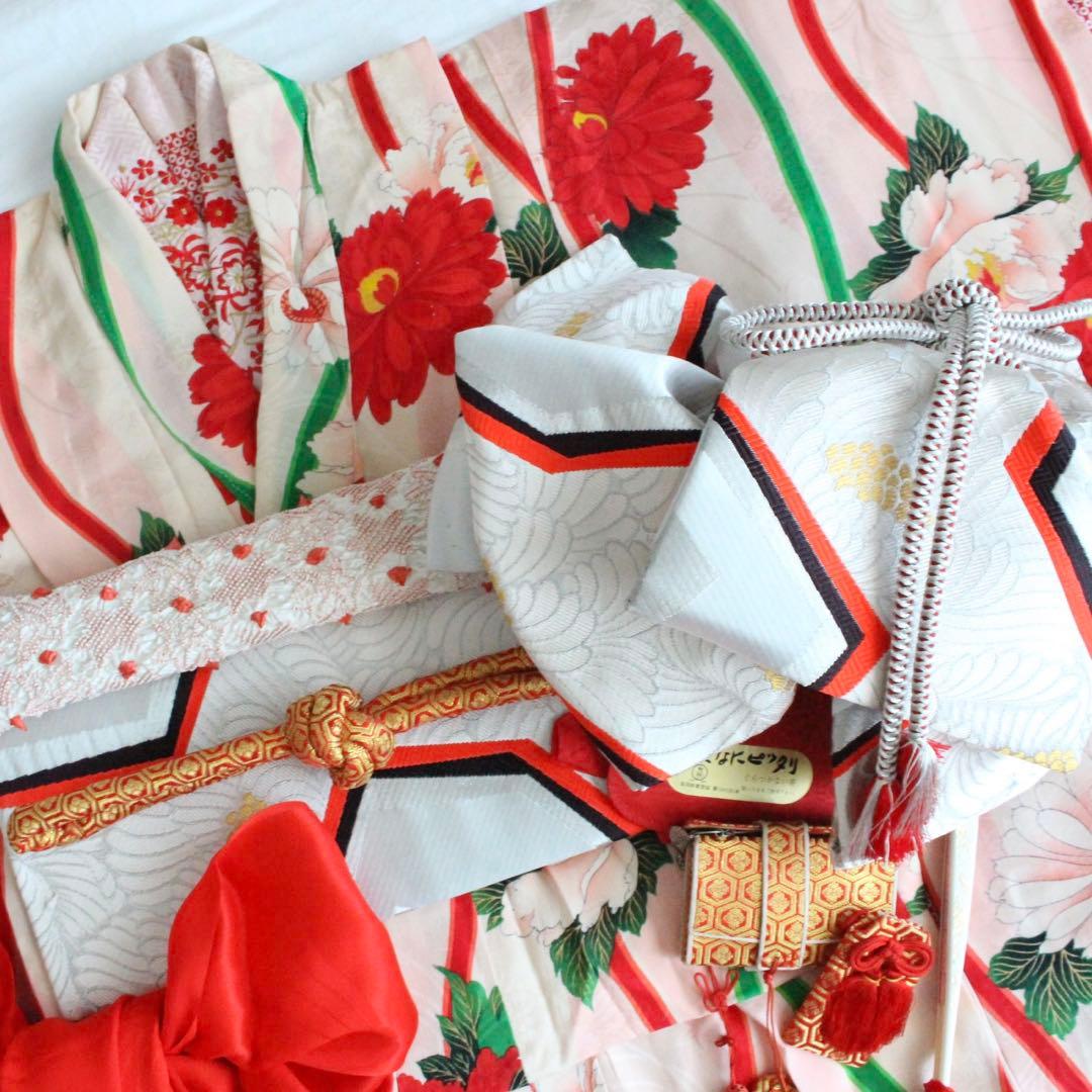 七五三 7歳 子供 女の子 アンティーク 正絹 着物 つくり帯 セット