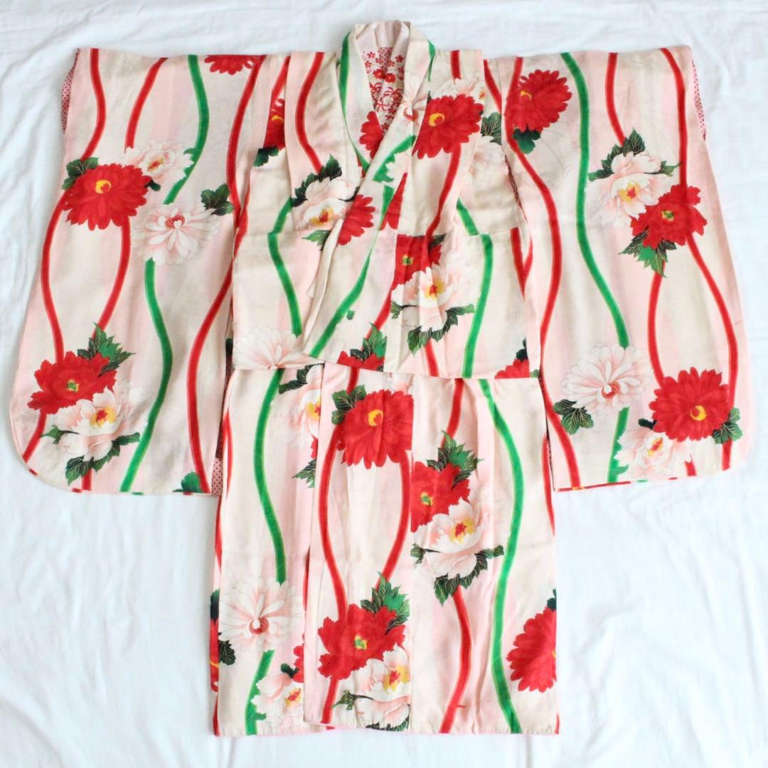 七五三 7歳 子供 女の子 アンティーク 正絹 着物 つくり帯 セット