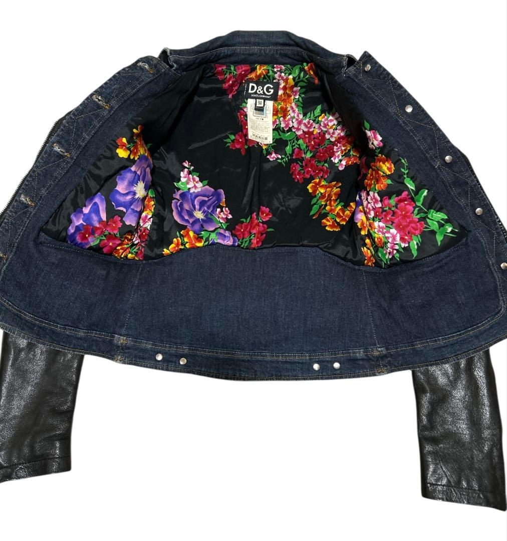 極美品　総柄 花柄 デニム 本革 ライダース レザージャケット革ジャンライダース