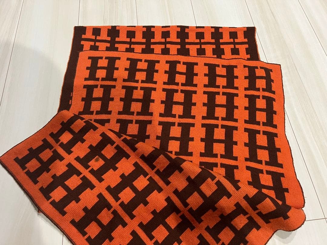 HERMES エルメス Hロゴ マフラー カシミヤ　オレンジ　リバーシブル