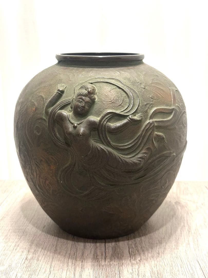 天女図 青銅壺 花瓶 インテリア 置物 ブロンズ 花器 高さ21cm