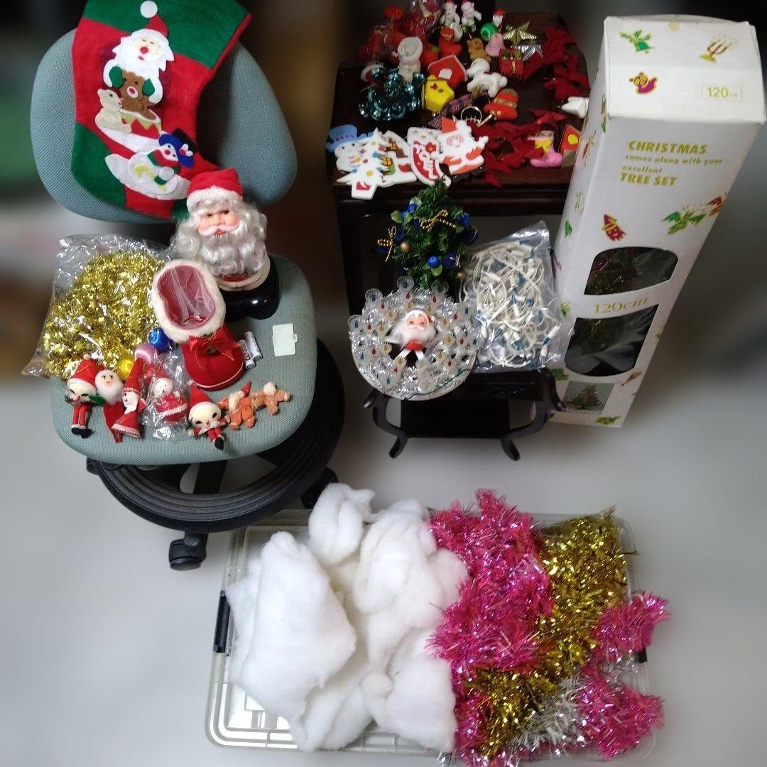 昭和レトロ　120cmクリスマスツリーオーナメント、電飾セット　サンタ他　まとめ