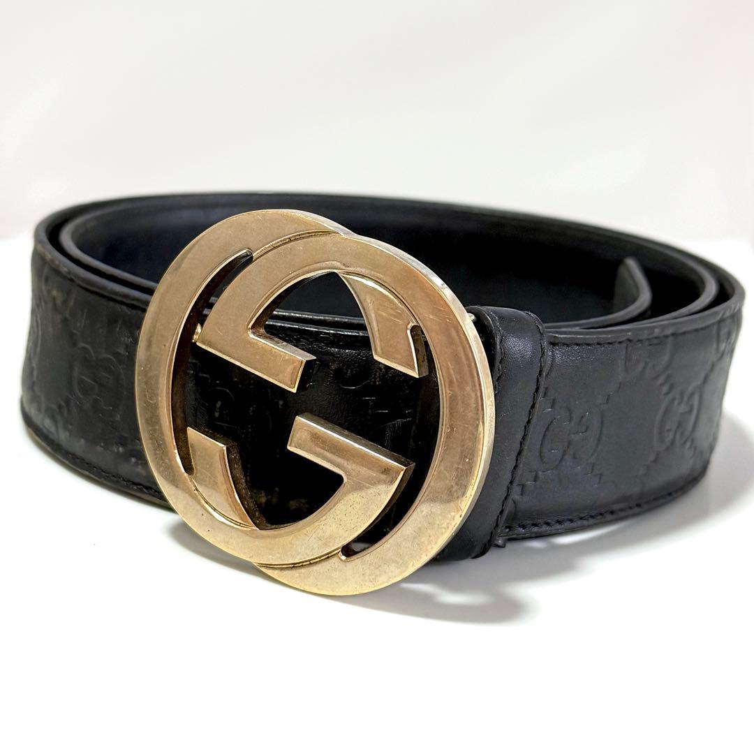 GUCCI インターロッキング シマレザーベルト GG柄 ゴールド金具 ブラック