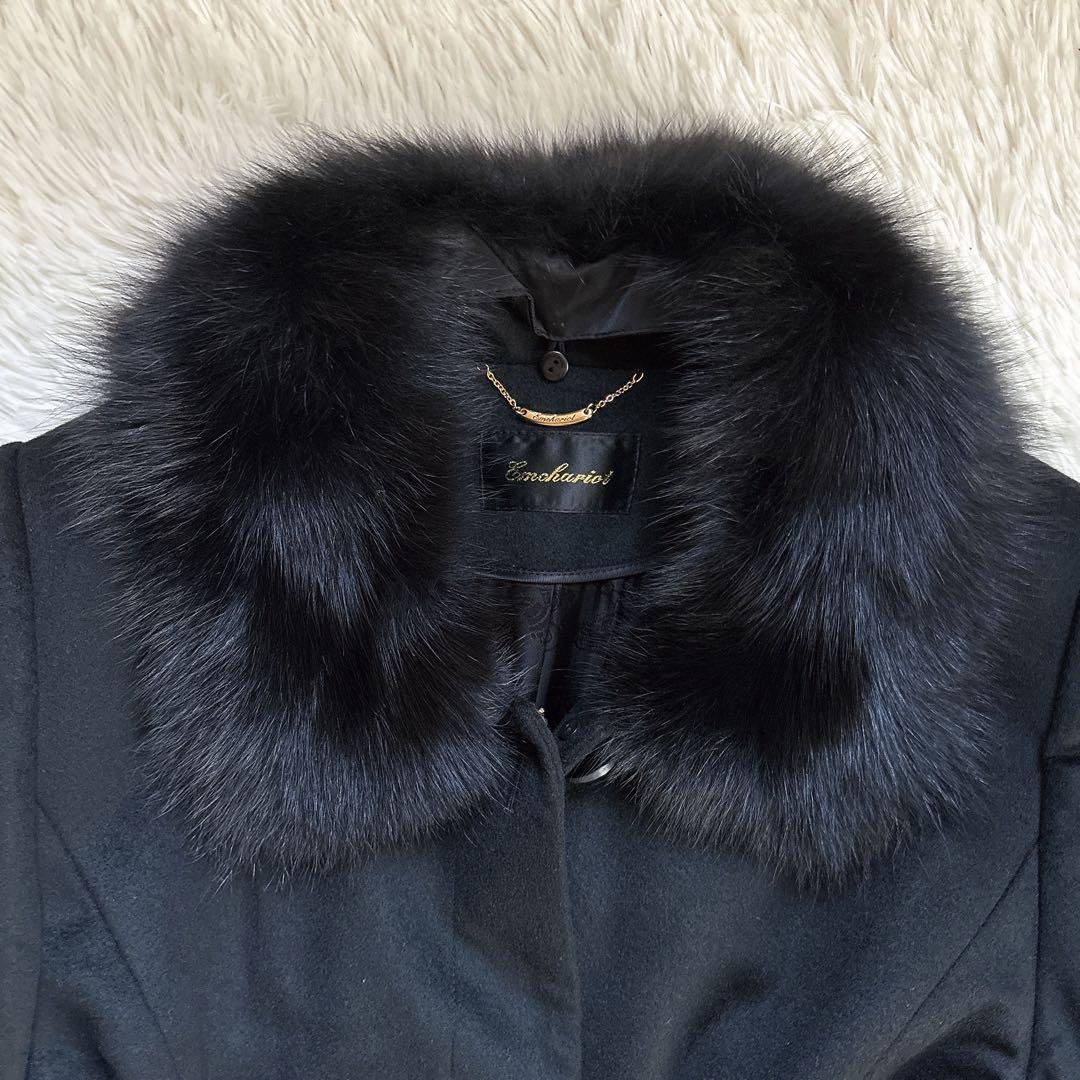 Emohariotカシミヤ100%フォックスファーロングコート黒ブラックりぼんM