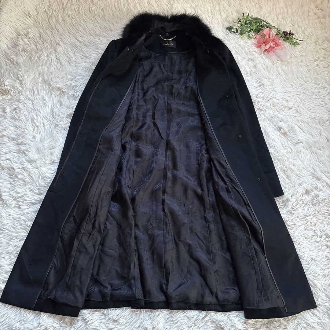 Emohariotカシミヤ100%フォックスファーロングコート黒ブラックりぼんM