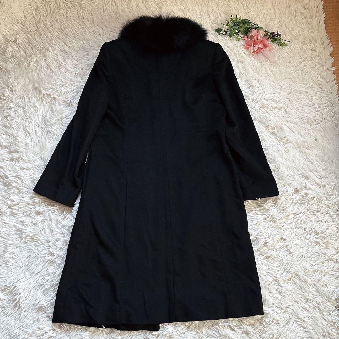 Emohariotカシミヤ100%フォックスファーロングコート黒ブラックりぼんM