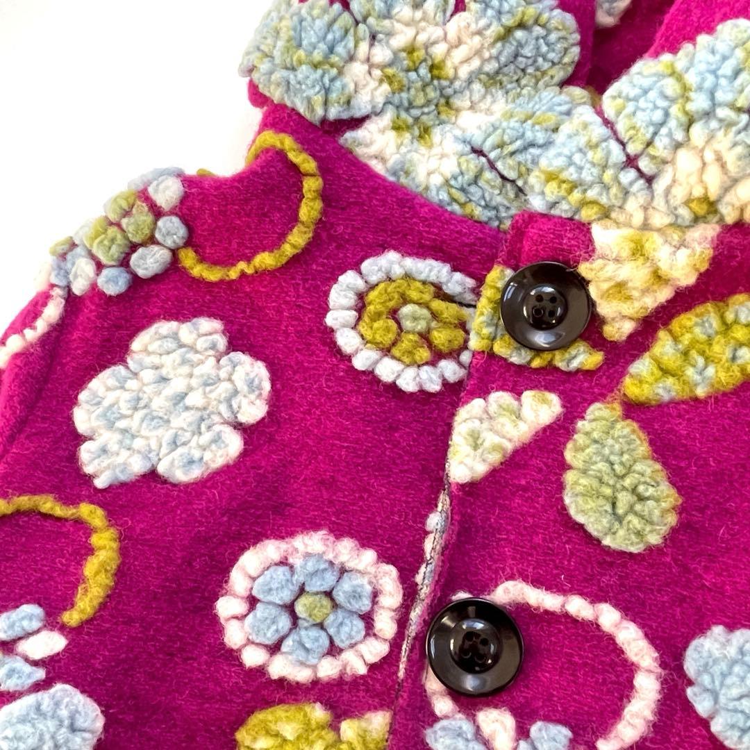 イタリア製　ウールコート　花柄　パープル　マルチカラー　フード付き