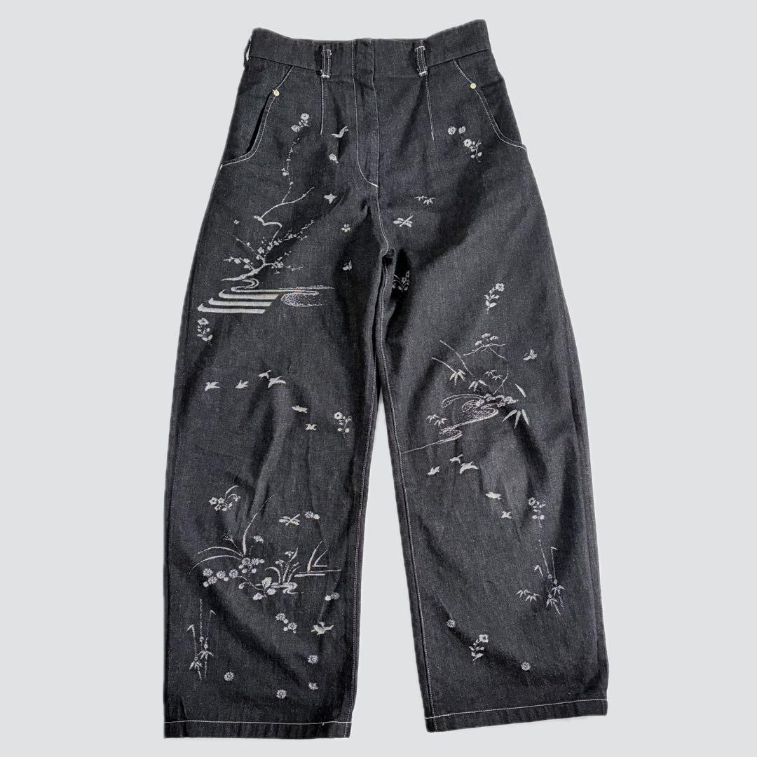 Mamekurogouchi 花鳥柄デニム Black サイズ3