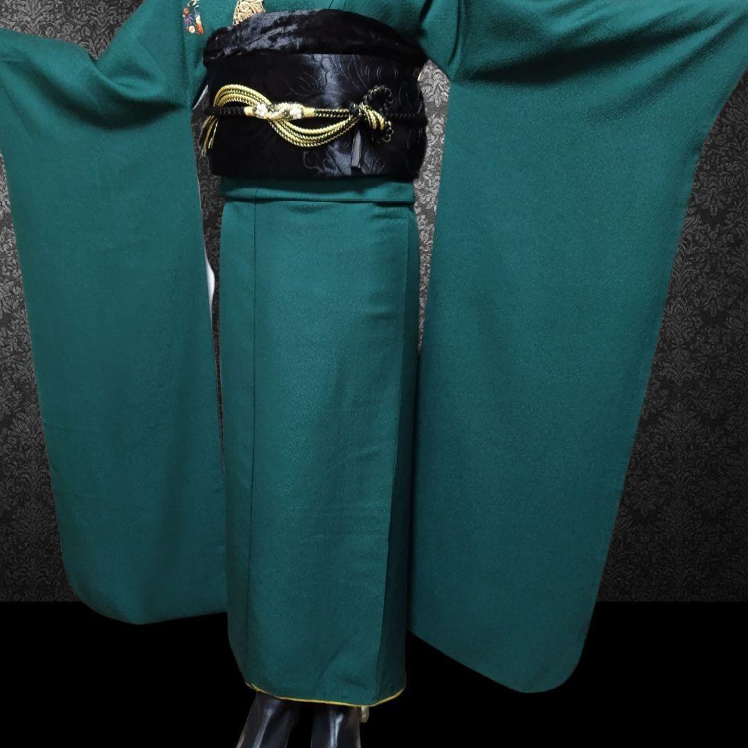 SALE中☆振袖フルセット(7点)・成人式・緑・色無地振袖・三つ紋・モノトーン