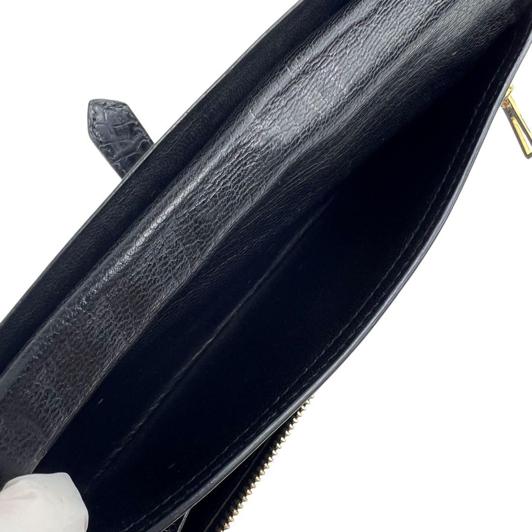 【美品】エルメス　クロコダイル　ベアン　長財布　黒　ブラック　レザー　お札