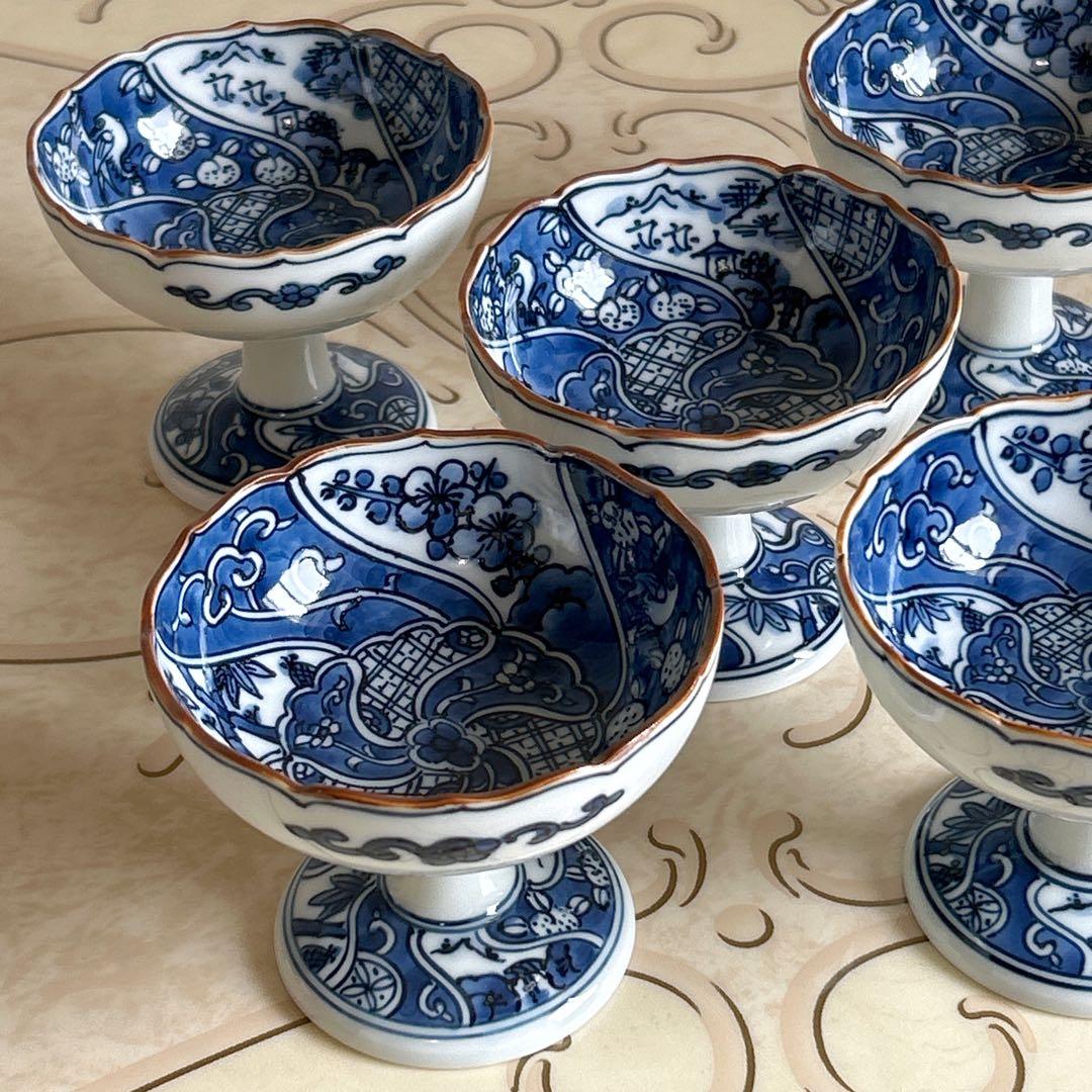 三川内焼　平戸松山窯　染付祥瑞　高台小鉢　5客　輪花鉢　小付　コンポート　珍味入