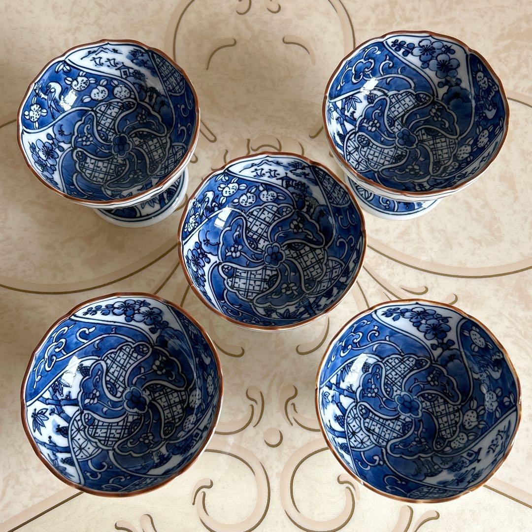 三川内焼　平戸松山窯　染付祥瑞　高台小鉢　5客　輪花鉢　小付　コンポート　珍味入