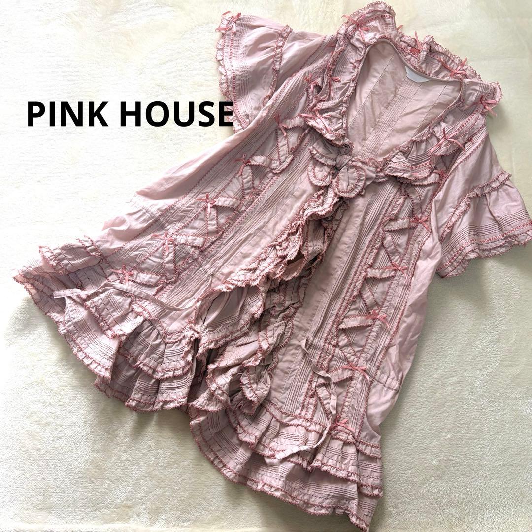 ピンクハウス　希少　日本製　ローン　オーバーブラウス　サテンリボンいっぱいP66