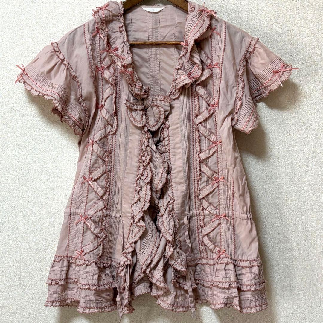 ピンクハウス　希少　日本製　ローン　オーバーブラウス　サテンリボンいっぱいP66