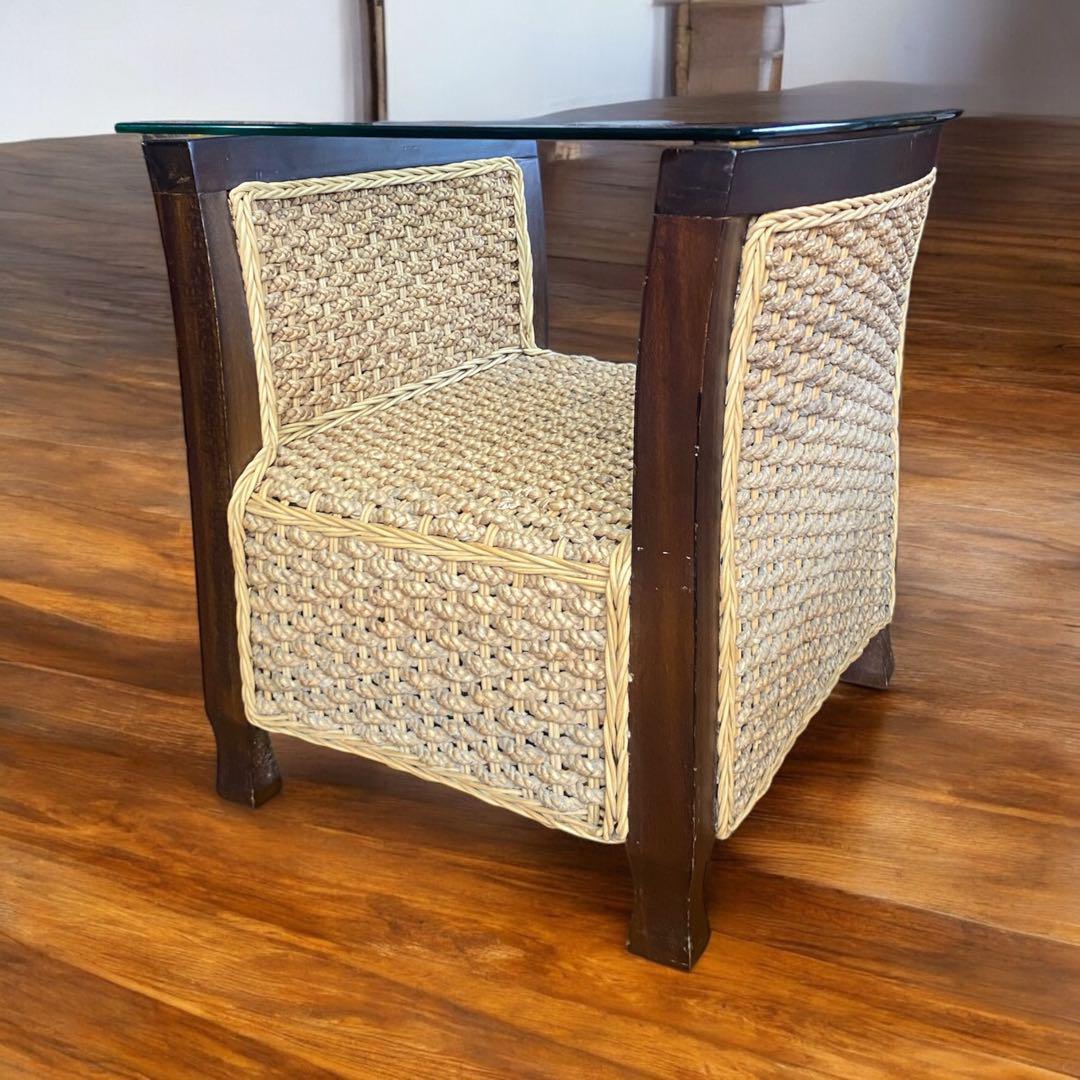 昭和レトロ★高級材とラタンの重厚なテーブル　ガラス天板　丁寧な編み込みのラタン