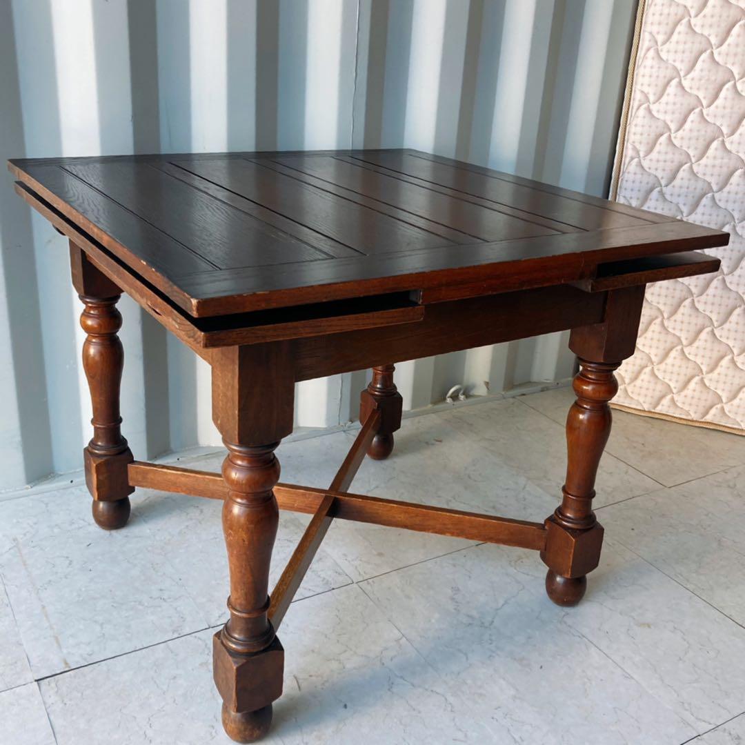 取付無料！おしゃれアンティーク 天然木伸長式正方形レトロ風ドローリーフテーブル✨