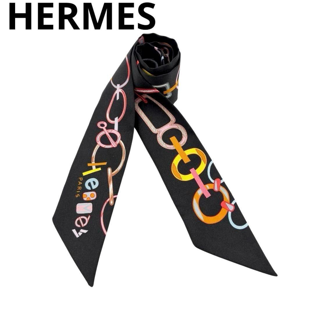 【美品】エルメス スカーフ ツイリー ドレブックル 黒 2023春夏 1Q25
