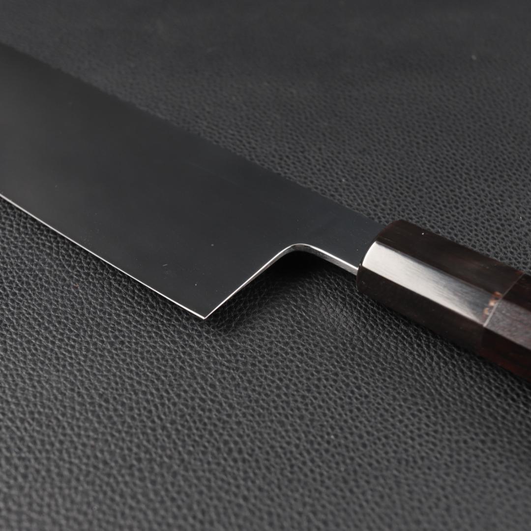 10891 三徳包丁 7寸 鏡面仕上げ 家庭用 業務用 両刃 黒檀黒水牛角八角柄