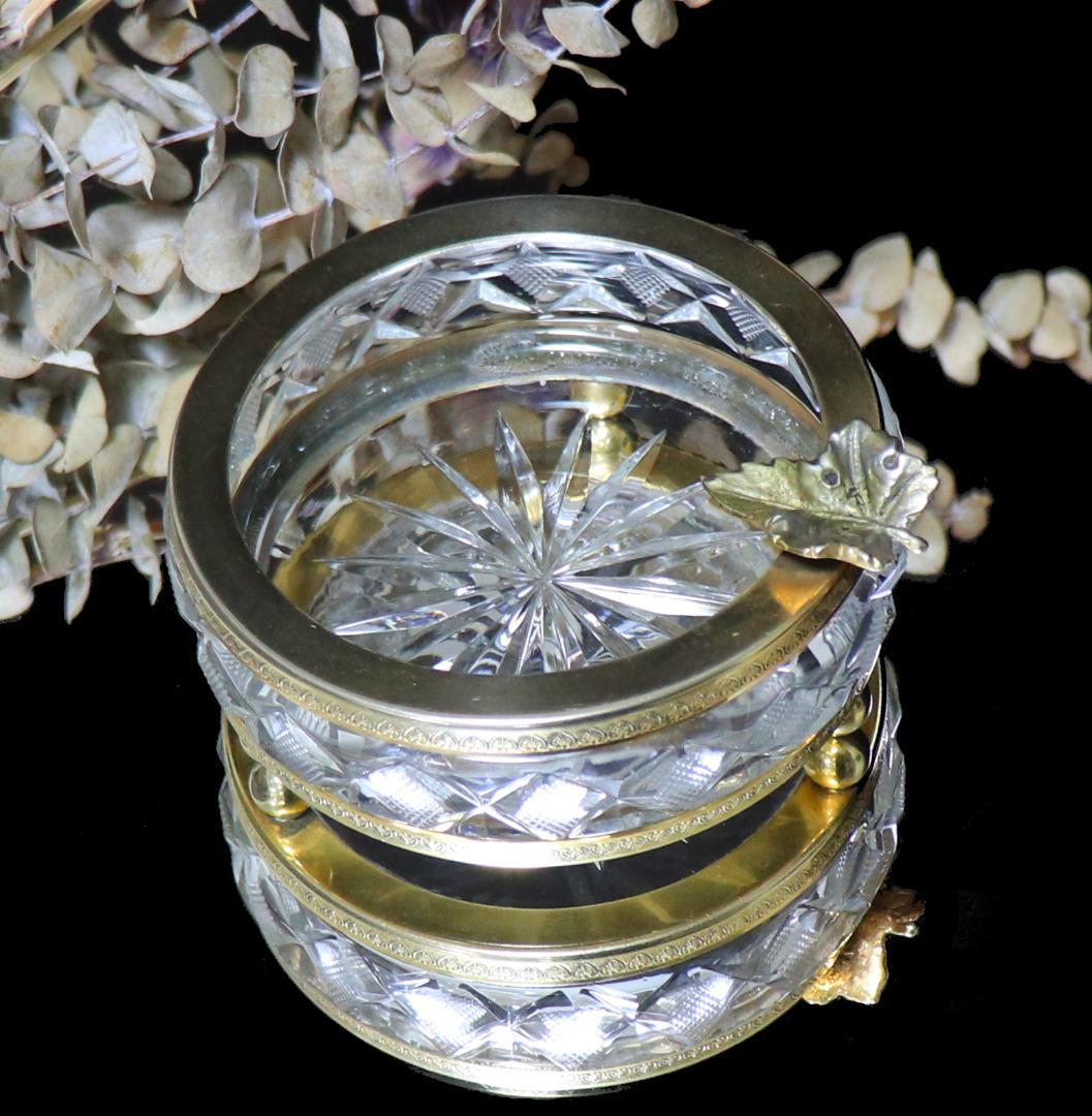 オールド・バカラ 極稀少 金装飾リーフ文脚付き大型丸型切子アッシュトレイ 灰皿