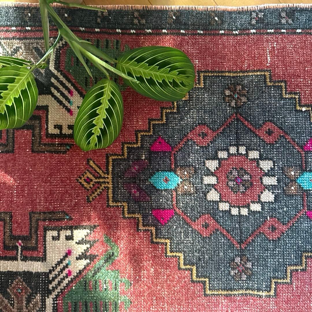 48×102 深みある赤茶色×グレイ　メダリオン　トルコヴィンテージラグ