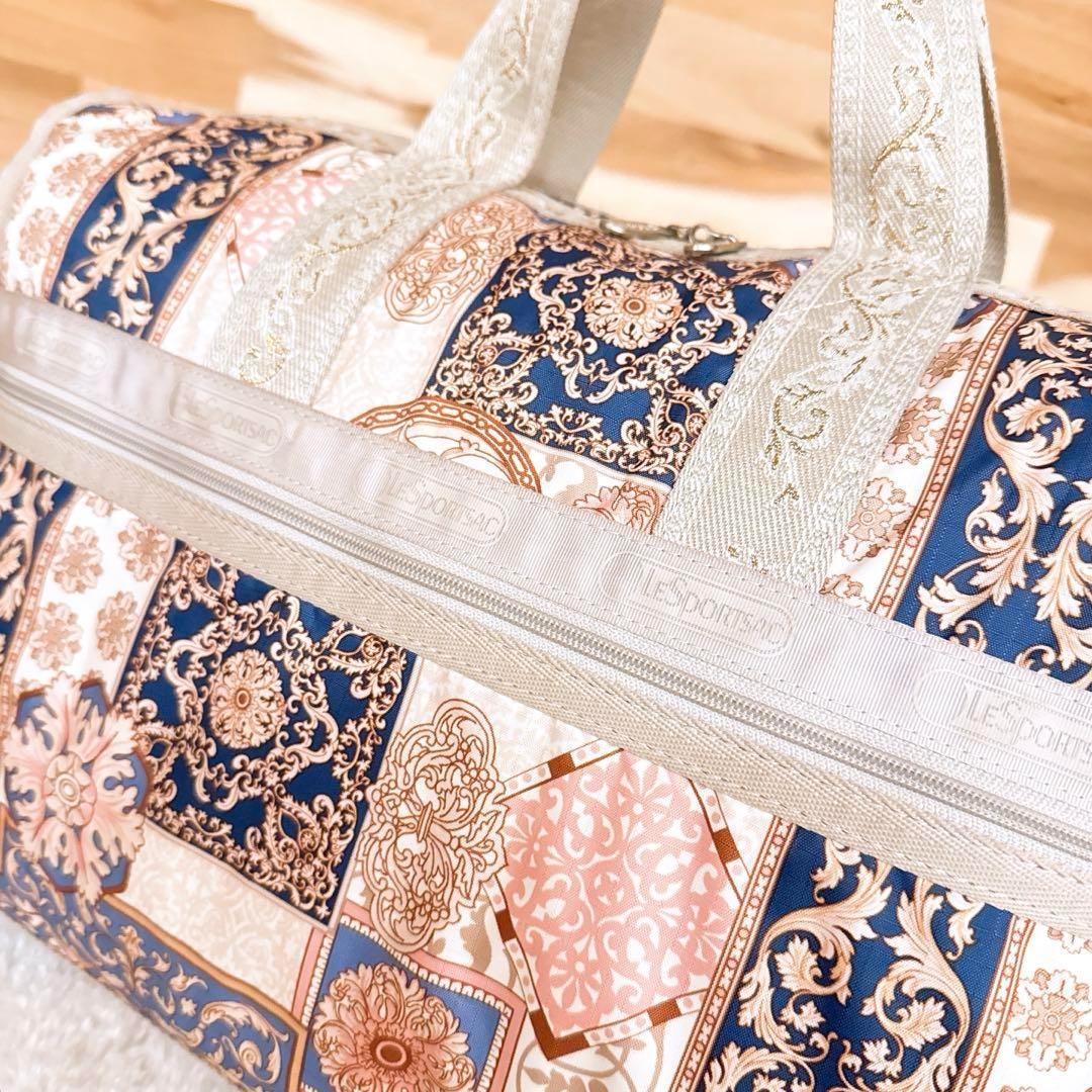 希少【レスポートサック】ボストンバッグ オードリー柄 総柄 刺繍 ベージュ×金