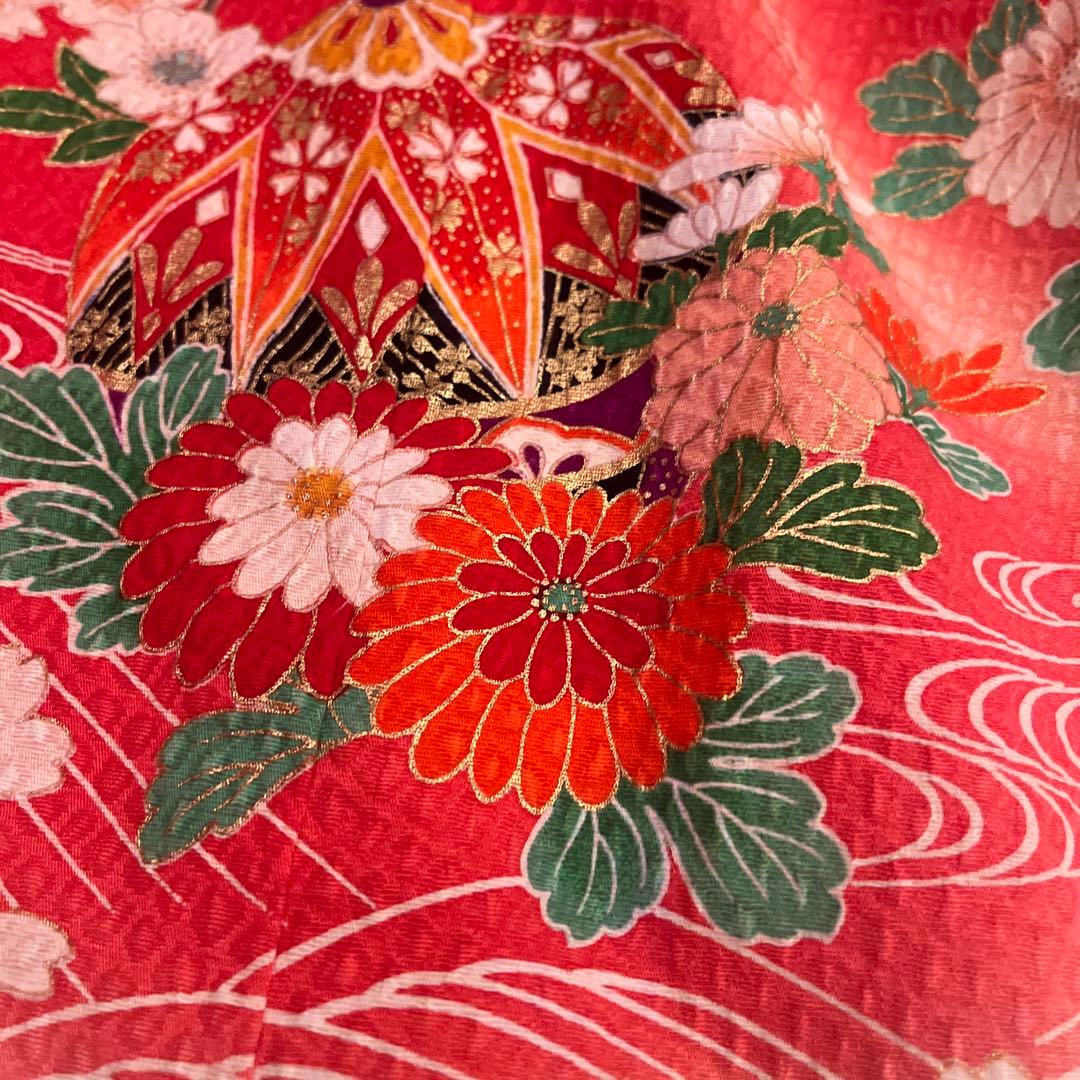 正絹　友禅調 晴れ着 朱赤 古典柄 絞り　七五三 お宮参り長襦袢セット