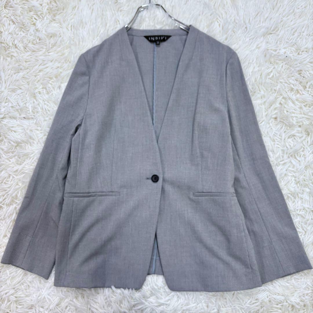 極美品 INDIVI 洗える 千鳥柄ノーカラージャケット UVケア 接触冷感LL