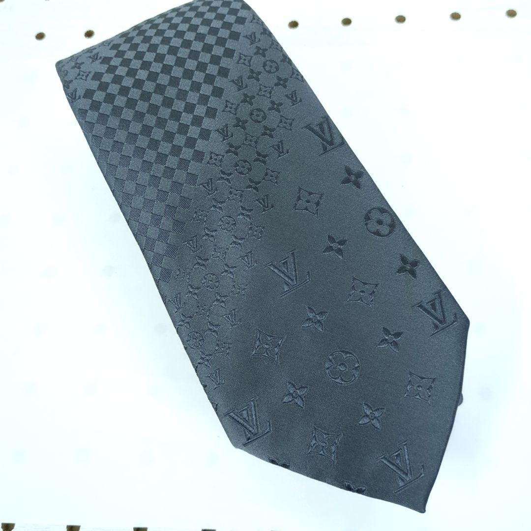 ルイヴィトン ダミエ モノグラム 100%シルク ネクタイ グレー系 イタリア製