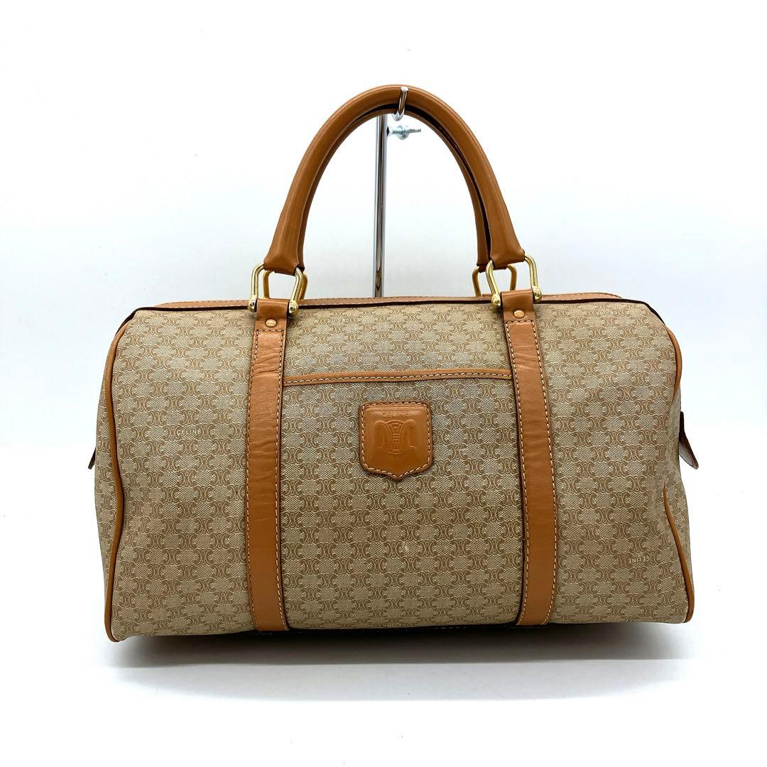 【CELINE】ミニボストンバッグ　マカダム柄　ゴールド金具　ブラウン　PVC