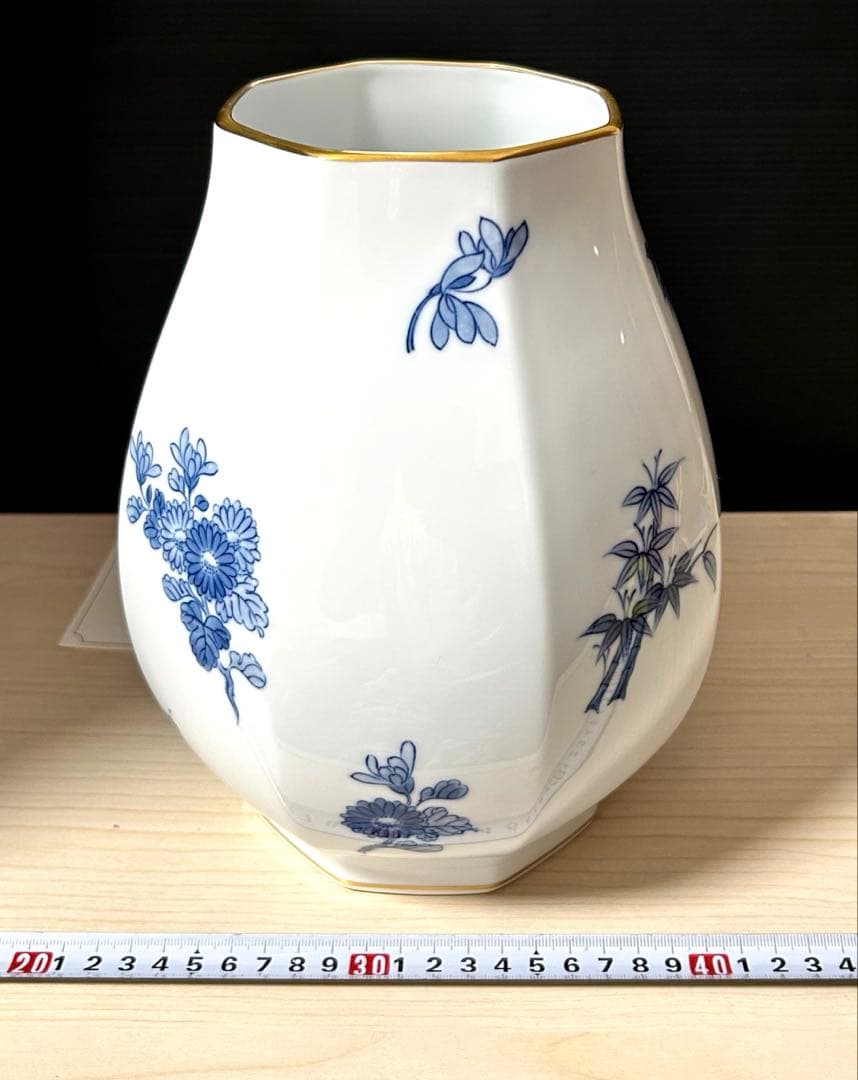 大倉陶園　四君子　八角花瓶　※オリジナルボックス付属　未使用保管品