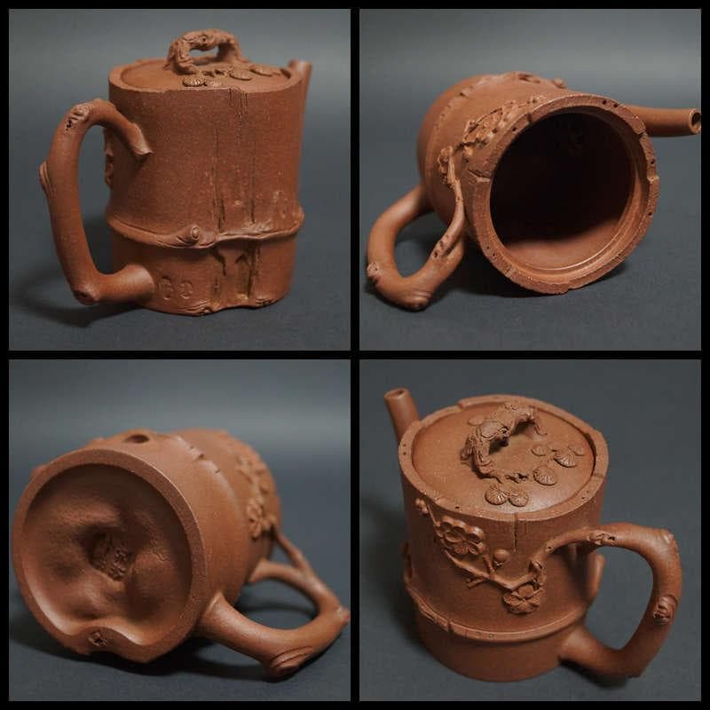 茶道具 中国宜興 「拾得居士」 凌国備作 手作り細工彫り『梅図』 造形紫砂壺急須
