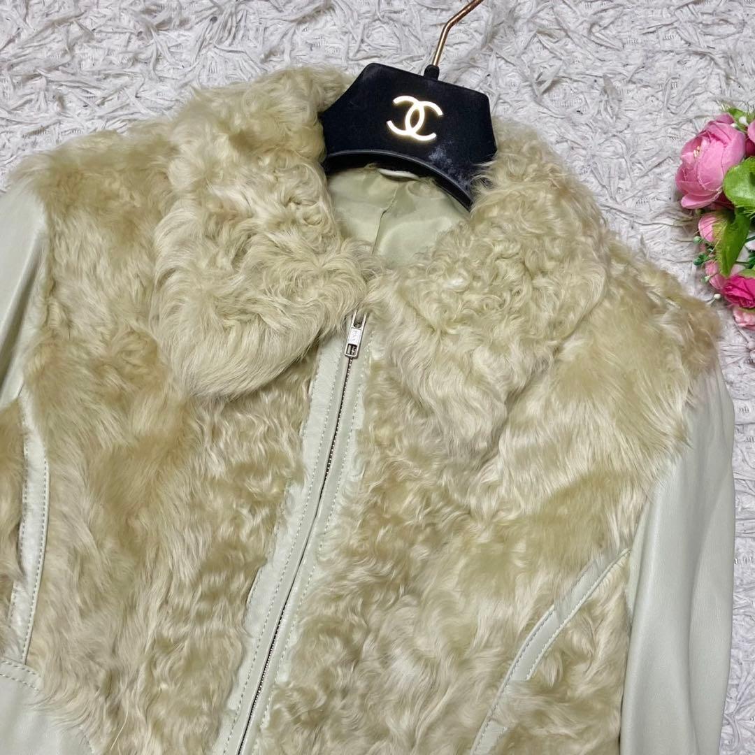 【美品】レザー×毛皮 ジャケット ラムファー アイボリー サイズL