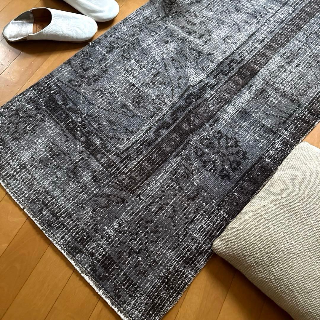 62×137.5 ダークグレイオーバーダイ　ボタニカル　トルコヴィンテージラグ