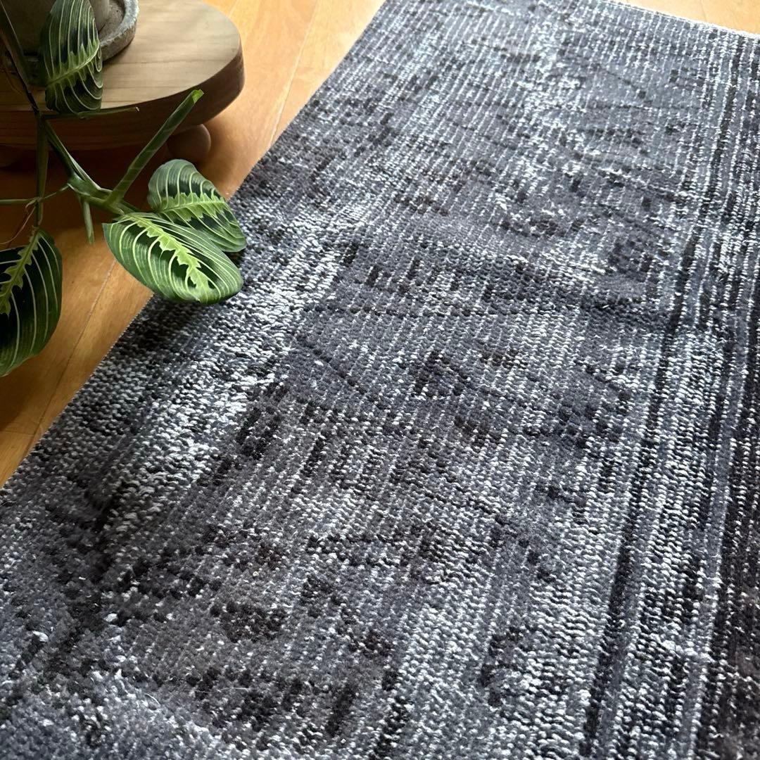 62×137.5 ダークグレイオーバーダイ　ボタニカル　トルコヴィンテージラグ