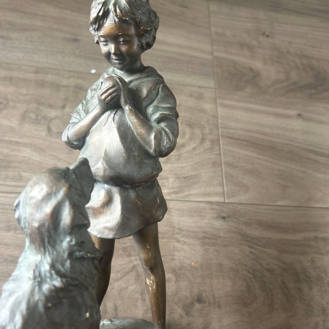 高岡作家　大道寺光弘 作 『フレンズ』 ブロンズ　少女と犬置物　重約4000克