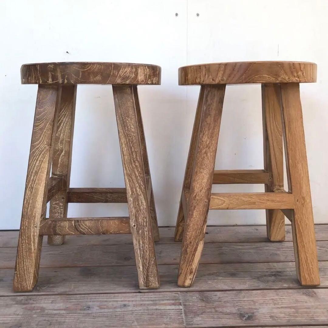 2脚セット オールドチーク材のスツール 無垢材 腰掛け 椅子 ラウンドスツール