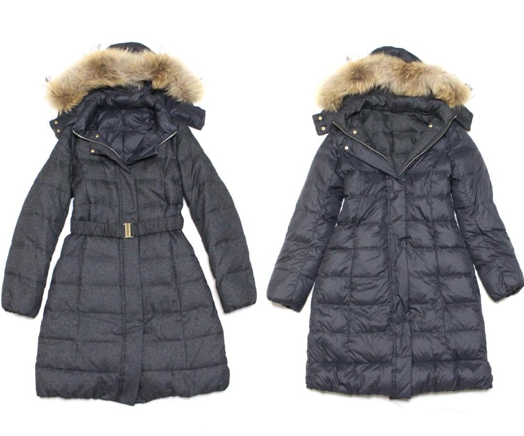 美品 組曲 ファー フード付き リバーシブル ダウン コート 2 グレー